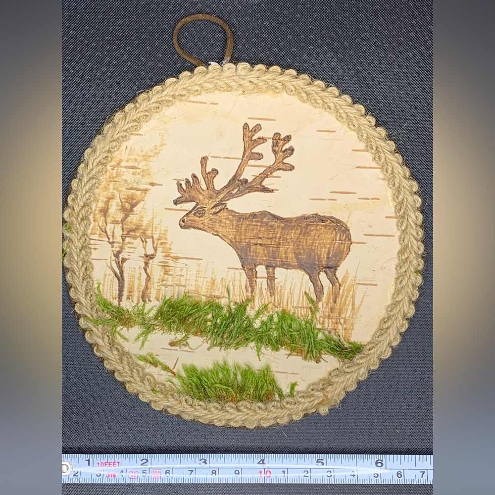 Handmade Birch Bark Pyrography Reindeer in Grove Wall Art Wood Burning Rustic
